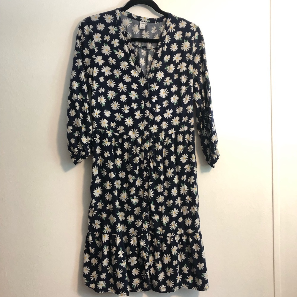 Old Navy Floral Daisy Dress Size M Blue Navy Buttons Coastal Summer